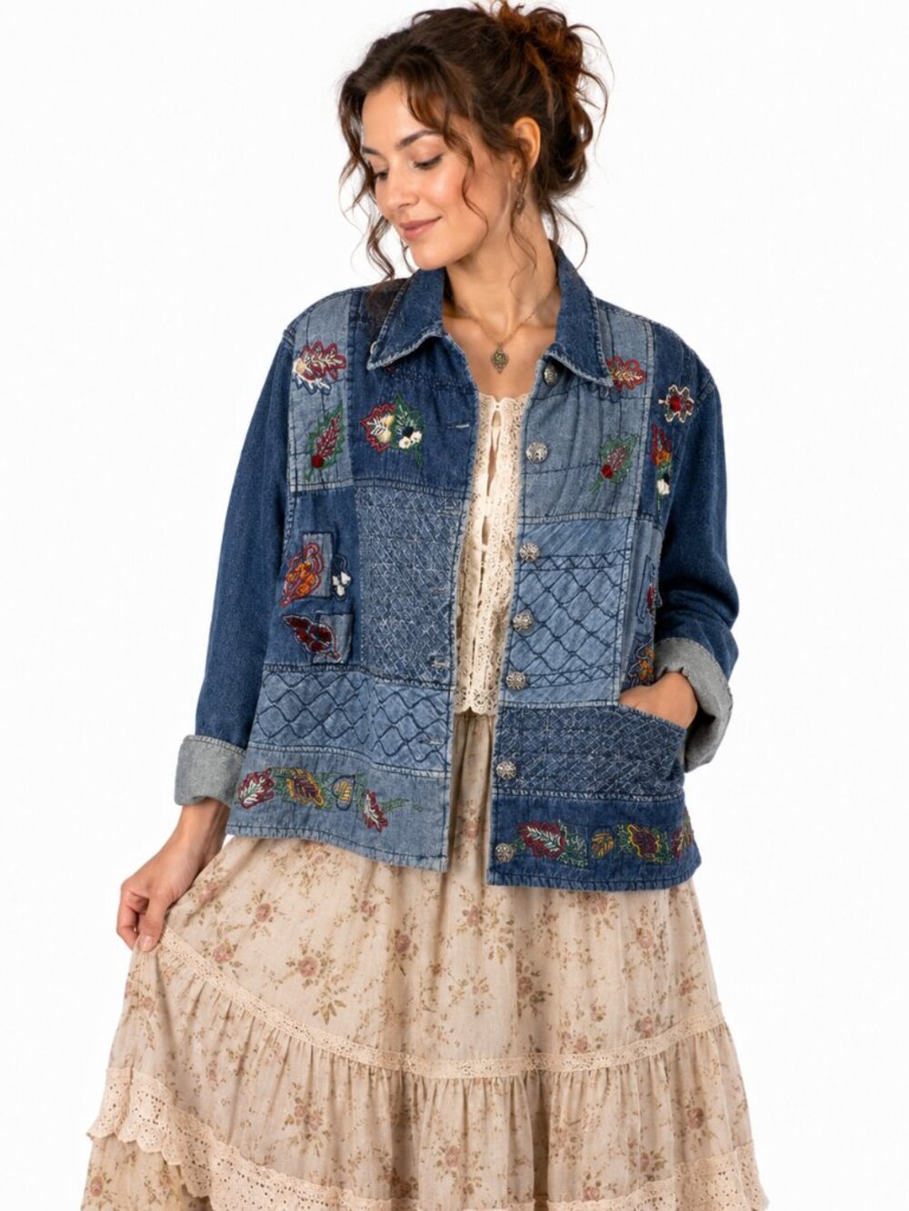 Keren Hart Denim Jacket Womens L Patchwork Embroidered Boho Cottagecore‎ Artwear